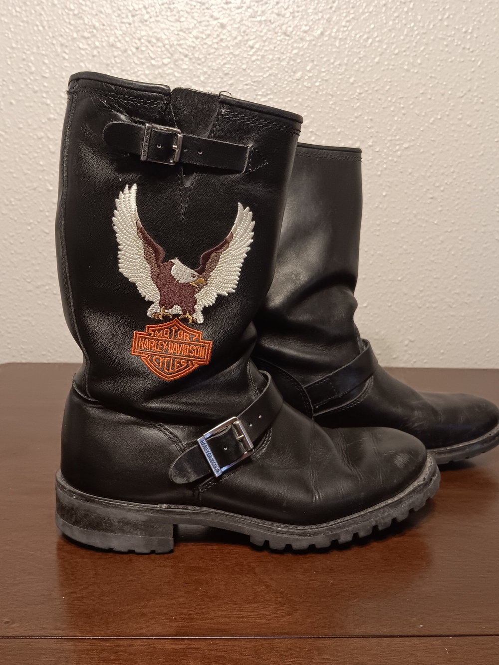 Harley-Davidson Black Leather Eagle Embroidered Biker Boots Men's Size 10.5